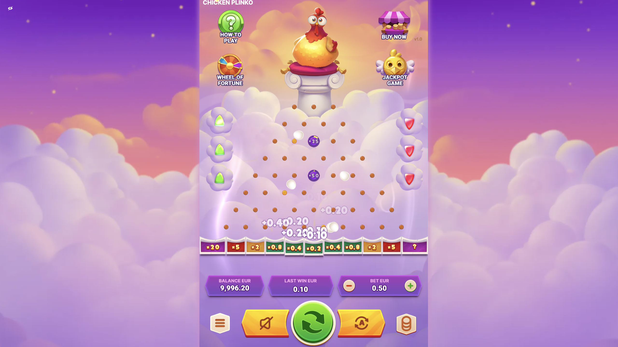 Chicken Plinko Design: goldenes Huhn auf einer Säule über der Pyramide vor rosa-violettem Wolkenhimmel