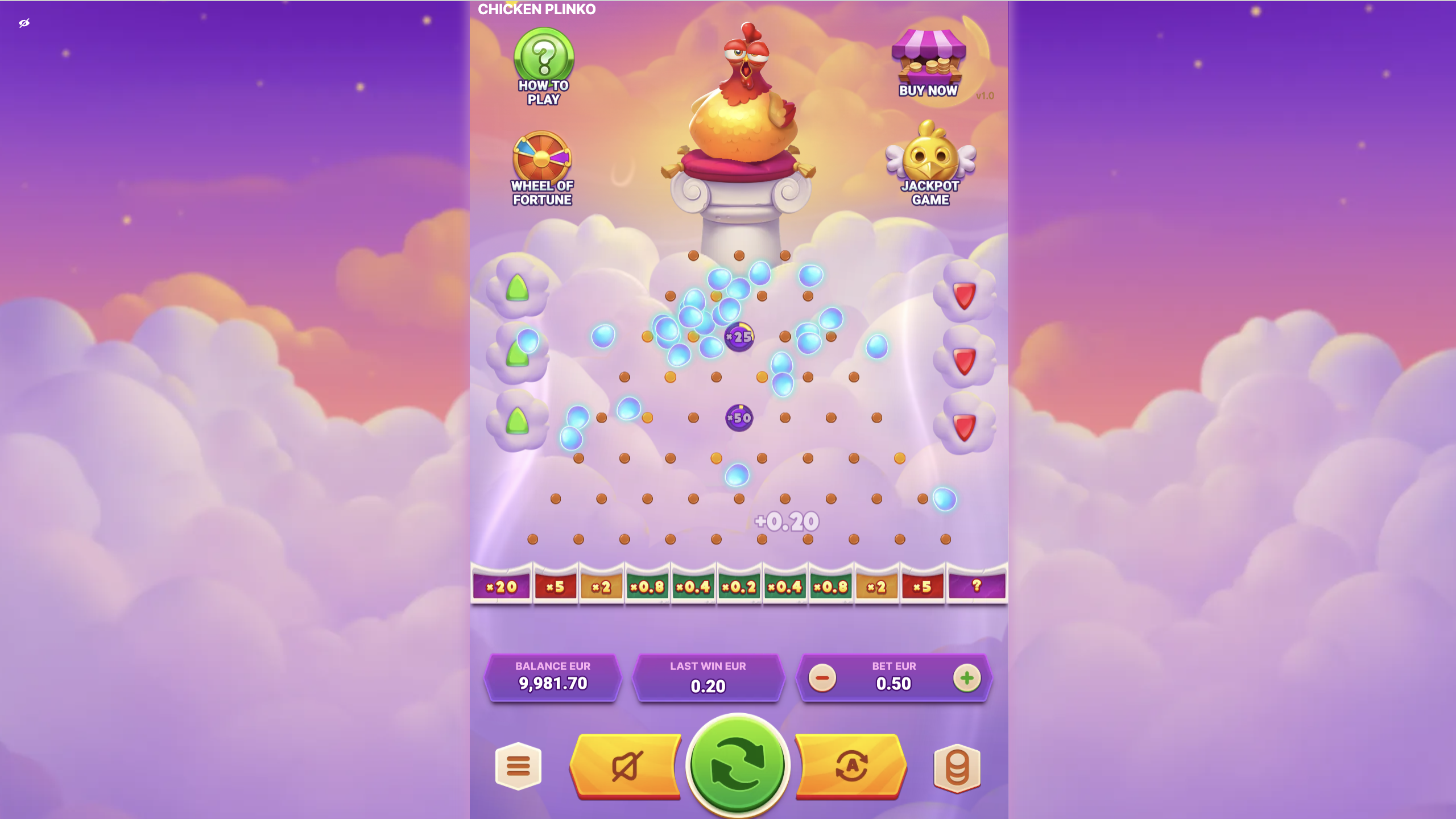 Free-Eggs-Runde in Chicken Plinko: grosses weisses Ei zerbricht in 30 blaue Eier